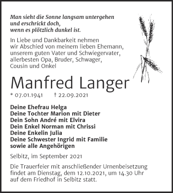 Traueranzeige von Manfred Langer von Trauerkombi Wittenberg
