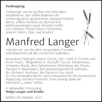 Traueranzeige von Manfred Langer von Trauerkombi Wittenberg