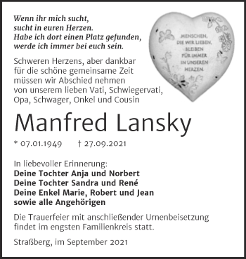 Traueranzeige von Manfred Lansky von Trauerkombi Quedlinburg