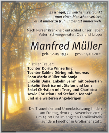 Traueranzeige von Manfred Müller von Trauerkombi Mansfelder Land