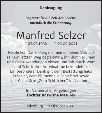 Traueranzeige von Manfred Selzer von Trauerkombi Bernburg