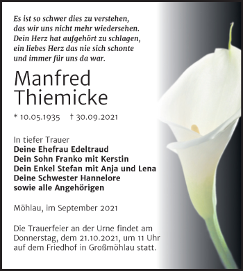Traueranzeige von Manfred Thiemicke von Trauerkombi Wittenberg