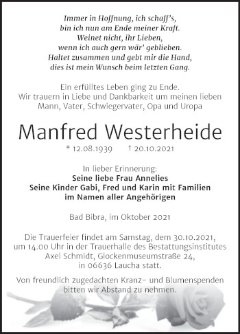 Traueranzeige von Manfred Westerheide von Naumburger Tageblatt
