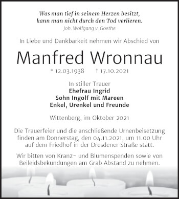 Traueranzeige von Manfred Wronnau von Trauerkombi Wittenberg
