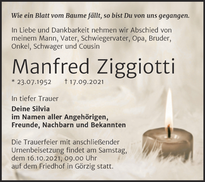  Traueranzeige für Manfred Ziggiotti vom 02.10.2021 aus Mitteldeutsche Zeitung Halle/Saalkreis