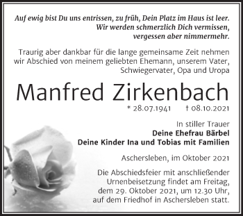 Traueranzeige von Manfred Zirkenbach von Trauerkombi Aschersleben