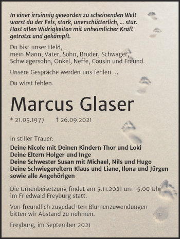 Traueranzeige von Marcus Glaser von Wochenspiegel Naumburg/Nebra