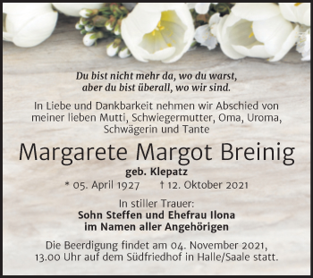 Traueranzeige von Margarete Breinig von Mitteldeutsche Zeitung Halle/Saalkreis