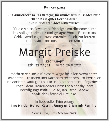 Traueranzeige von Margit Preiske von Trauerkombi Köthen