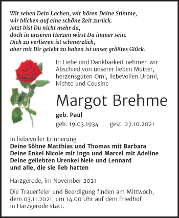 Traueranzeige von Margot Brehme von Trauerkombi Quedlinburg