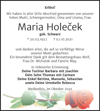 Traueranzeige von Maria Holecek von Trauerkombi Weißenfels