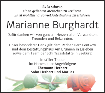 Traueranzeige von Marianne Burghardt von Trauerkombi Mansfelder Land