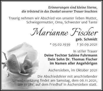 Traueranzeige von Marianne Fischer von Trauerkombi Aschersleben