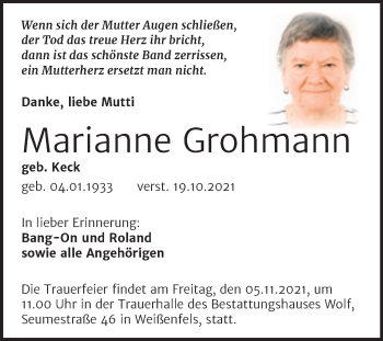 Traueranzeige von Marianne Grohmann von Trauerkombi Weißenfels