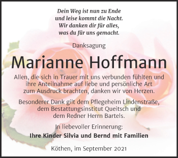 Traueranzeige von Marianne Hoffmann von Trauerkombi Köthen