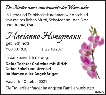 Traueranzeige von Marianne Honigmann von Trauerkombi Zeitz