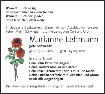 Traueranzeige von Marianne Lehmann von Trauerkombi Wittenberg