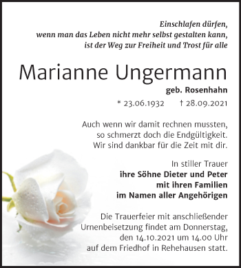 Traueranzeige von Marianne Ungermann von Wochenspiegel Naumburg/Nebra