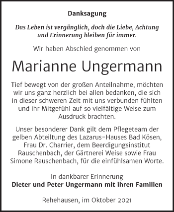 Traueranzeige von Marianne Ungermann von Wochenspiegel Naumburg/Nebra