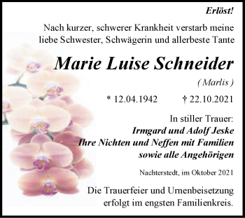 Traueranzeige von Marie Luise Schneider von Trauerkombi Aschersleben