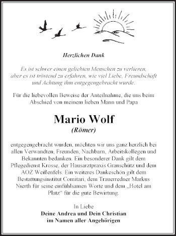 Traueranzeige von Mario Wolf von Trauerkombi Weißenfels