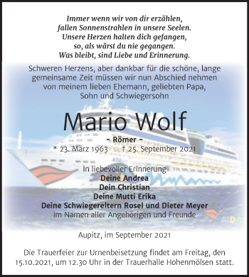 Traueranzeige von Mario Wolf von Trauerkombi Weißenfels