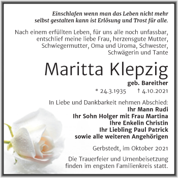 Traueranzeige von Maritta Klepzig von Trauerkombi Mansfelder Land