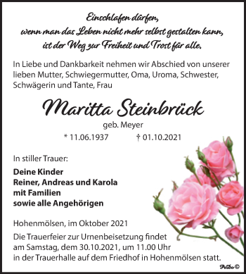 Traueranzeige von Maritta Steinbrück von Trauerkombi Weißenfels