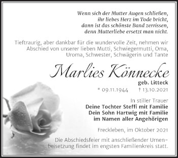 Traueranzeige von Marlies Könnecke von Trauerkombi Aschersleben