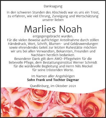 Traueranzeige von Marlies Noah von Trauerkombi Quedlinburg