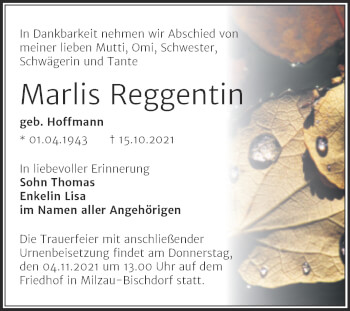 Traueranzeige von Marlis Reggentin von Trauerkombi Merseburg