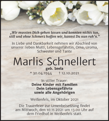 Traueranzeige von Marlis Schnellert von Trauerkombi Weißenfels