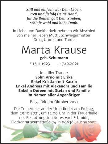 Traueranzeige von Marta Krause von Wochenspiegel Naumburg/Nebra
