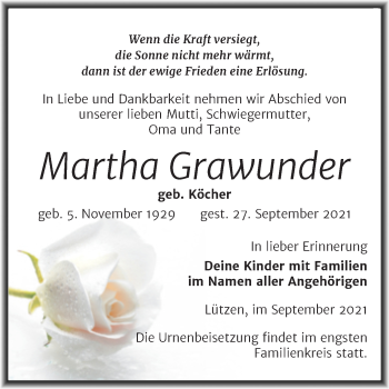 Traueranzeige von Martha Grawunder von Trauerkombi Weißenfels