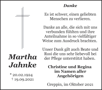 Traueranzeige von Martha Jahnke von Trauerkombi Bitterfeld