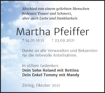 Traueranzeige von Martha Pfeiffer von Trauerkombi Bitterfeld
