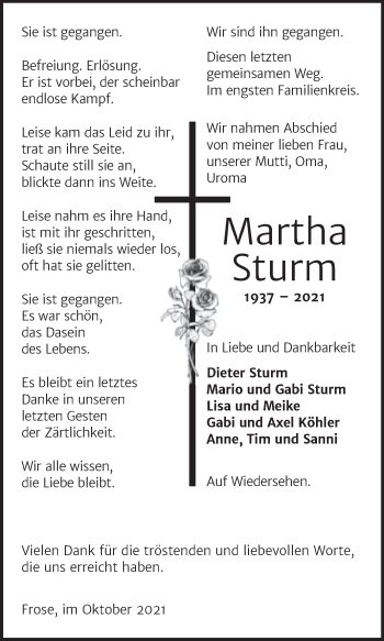 Traueranzeige von Martha Sturm von Trauerkombi Aschersleben