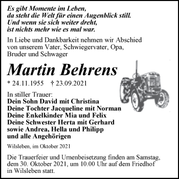 Traueranzeige von Martin Behrens von Trauerkombi Aschersleben