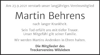 Traueranzeige von Martin Behrens von Trauerkombi Aschersleben