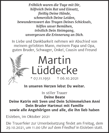 Traueranzeige von Martin Lüddecke von Trauerkombi Mansfelder Land