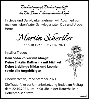 Traueranzeige von Martin Schertler von Trauerkombi Weißenfels