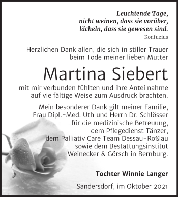 Traueranzeige von Martina Siebert von Trauerkombi Bitterfeld