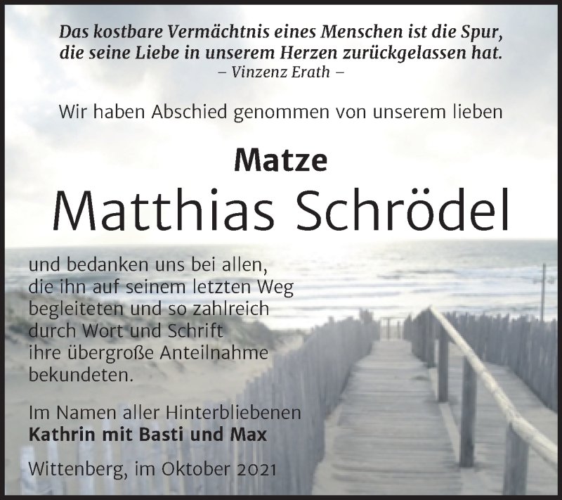  Traueranzeige für Matthias Schrödel vom 30.10.2021 aus Trauerkombi Wittenberg