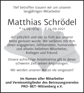 Traueranzeige von Matthias Schrödel von Super Sonntag Wittenberg