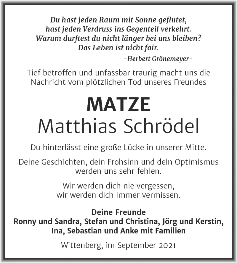  Traueranzeige für Matthias Schrödel vom 02.10.2021 aus Trauerkombi Wittenberg
