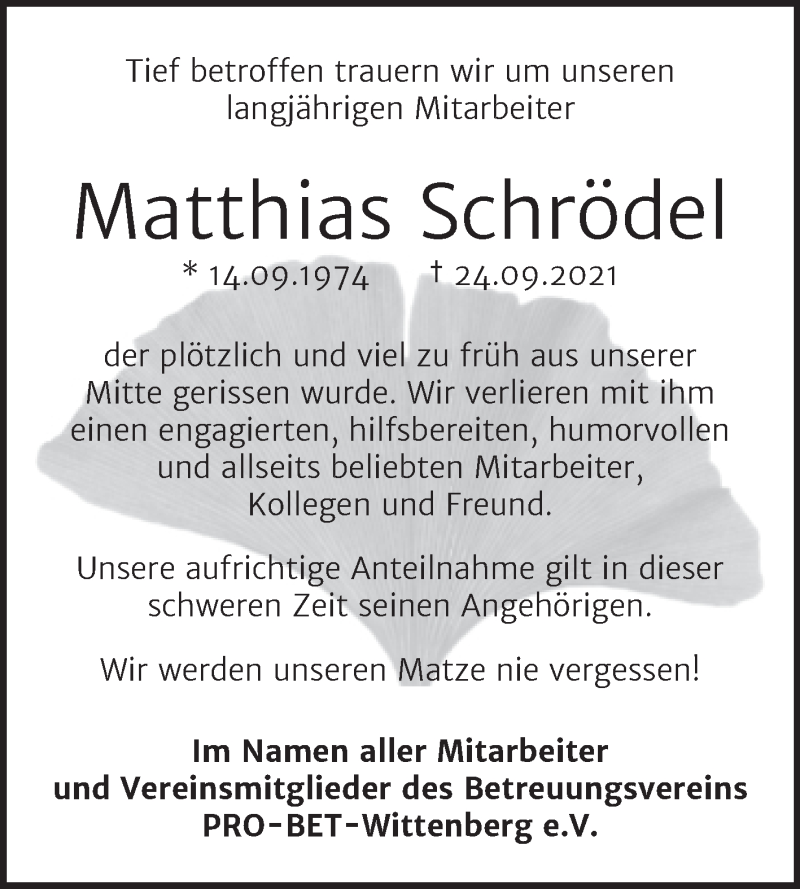  Traueranzeige für Matthias Schrödel vom 02.10.2021 aus Super Sonntag Wittenberg
