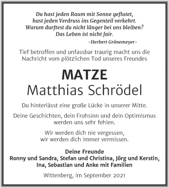 Traueranzeige von Matthias Schrödel von Trauerkombi Wittenberg