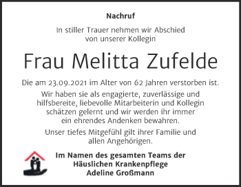 Traueranzeige von Melitta Zufelde von Super Sonntag Quedlingburg