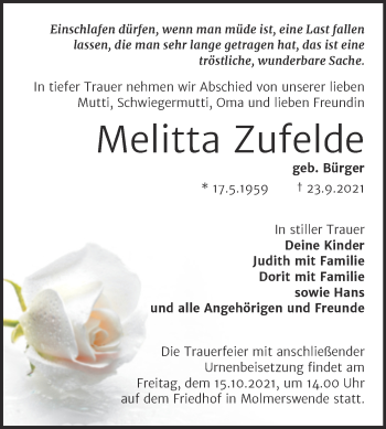 Traueranzeige von Melitta Zufelde von Trauerkombi Mansfelder Land