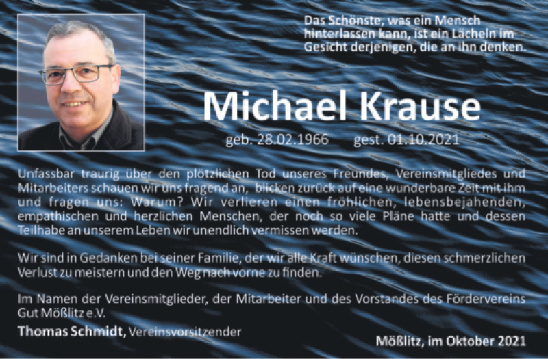  Traueranzeige für Michael Krause vom 09.10.2021 aus Trauerkombi Bitterfeld